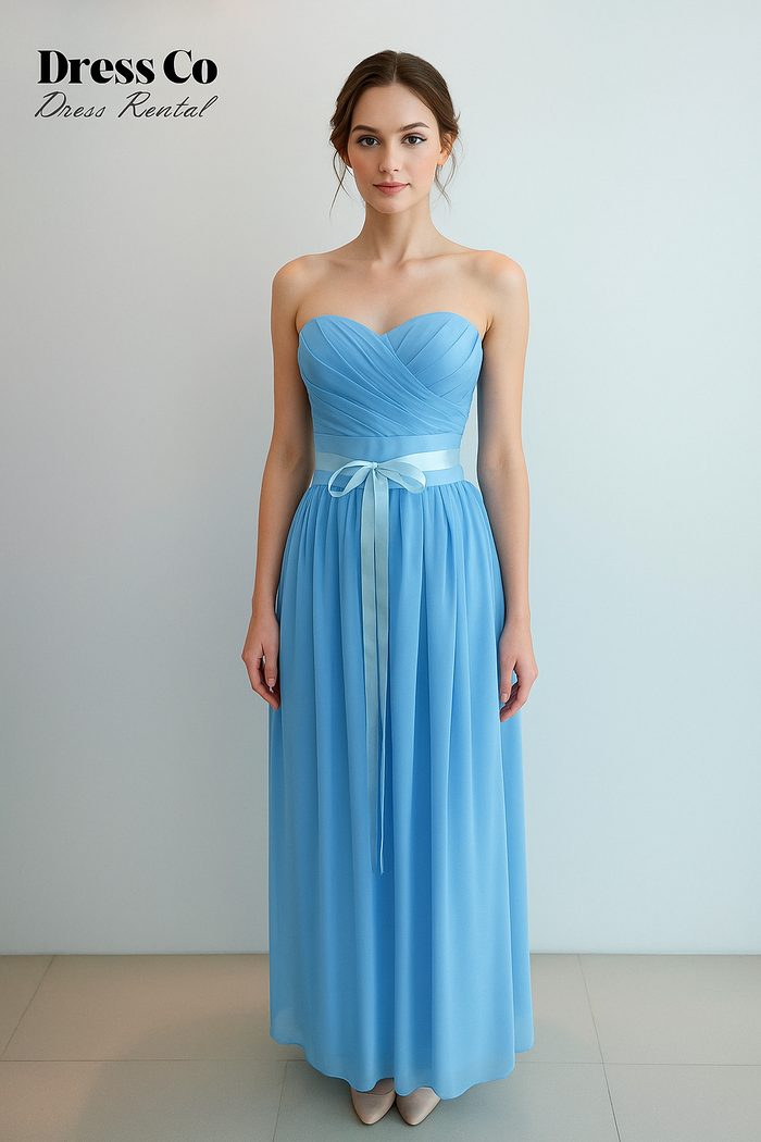 ชุดราตรีฟ้าโบว์คาดเอว | Light Blue Sweetheart Dress with Satin Bow
