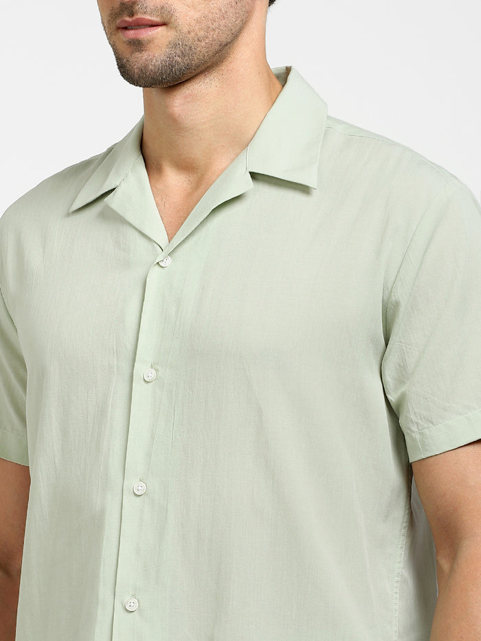 Light Green Cuban Collar Short Sleeves Shirt