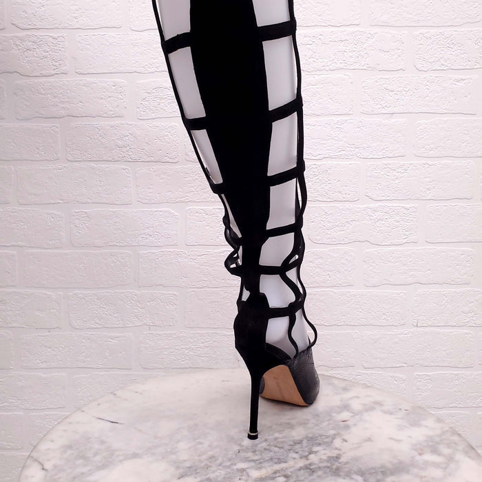 MANOLO BLAHNIK BLACK CAGED PYTHON KNEE HIGH HEELS - SIZE 39