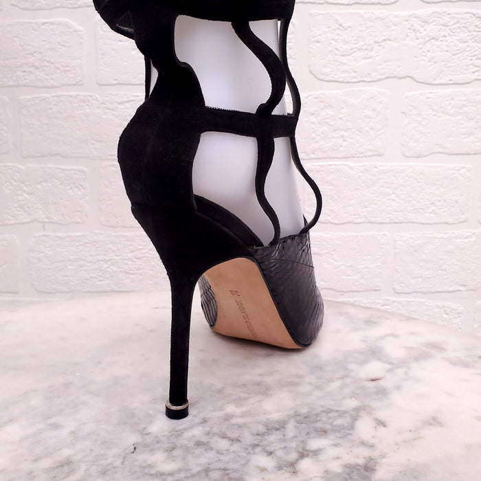MANOLO BLAHNIK BLACK CAGED PYTHON KNEE HIGH HEELS - SIZE 39
