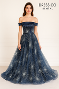 ชุดราตรียาวเปิดไหล่ ลายดวงดาวแวววาว | Midnight Starry Night Gown