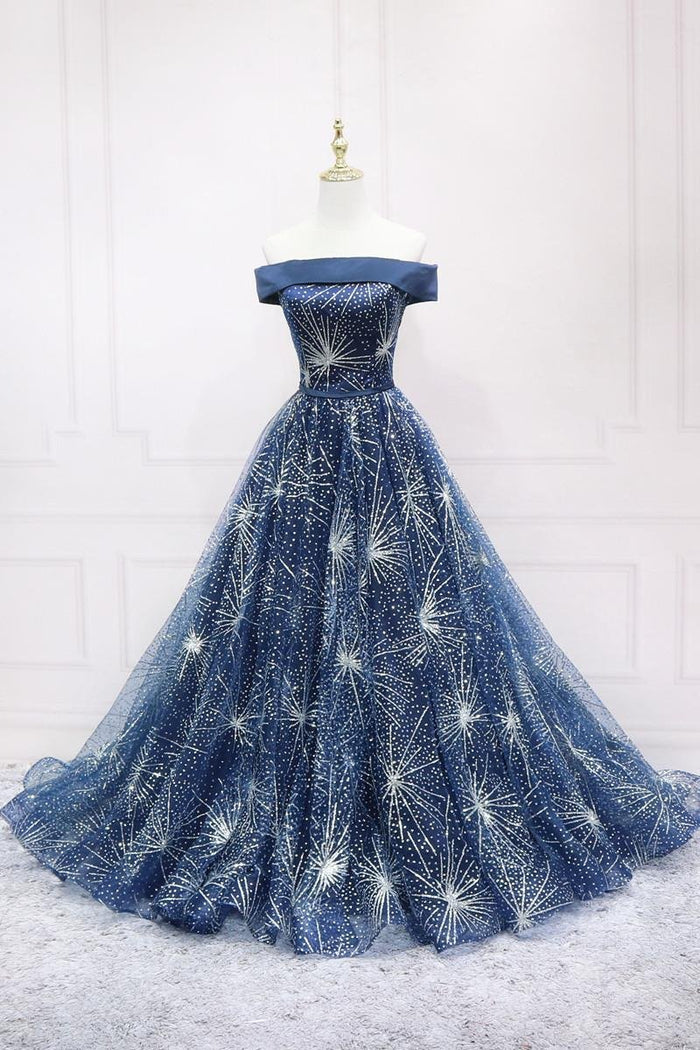 ชุดราตรียาวเปิดไหล่ ลายดวงดาวแวววาว | Midnight Starry Night Gown