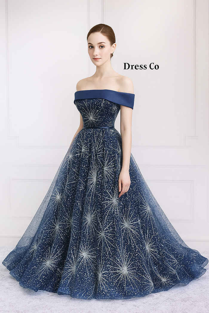 ชุดราตรียาวเปิดไหล่ ลายดวงดาวแวววาว | Midnight Starry Night Gown