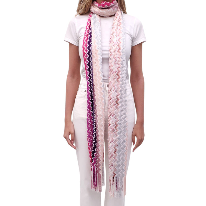 MISSONI METALLIC SILVER, PINK AND PURPLE CHEVRON FRINGE SCARF