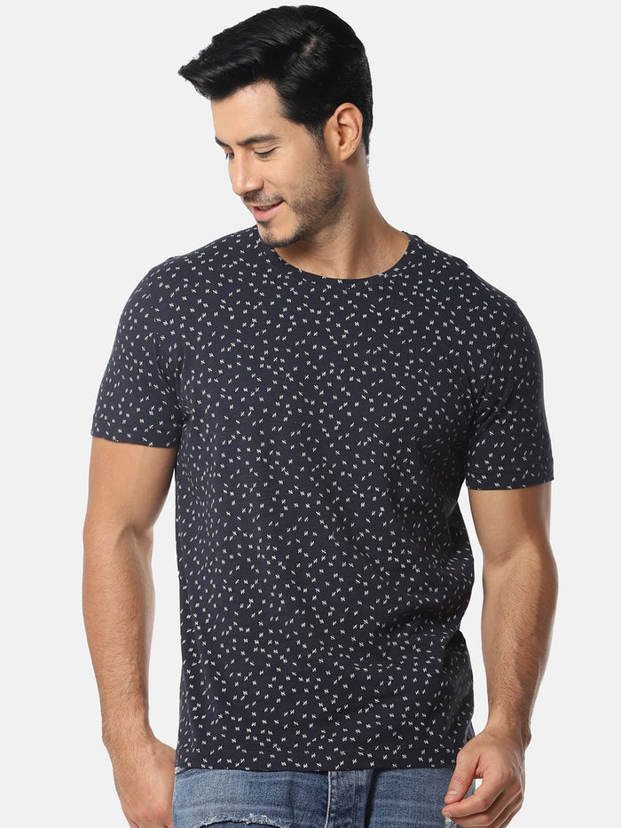Navy Blue All Over Print Crew Neck T-Shirt