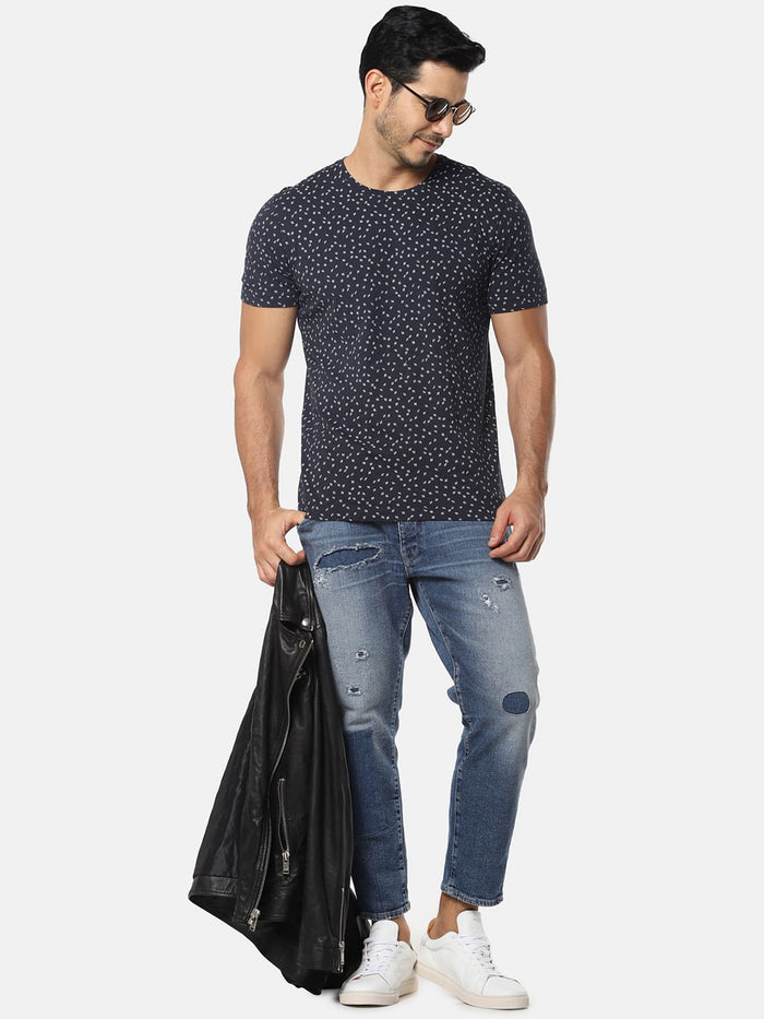 Navy Blue All Over Print Crew Neck T-Shirt