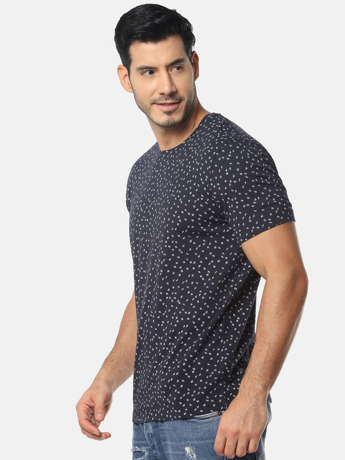 Navy Blue All Over Print Crew Neck T-Shirt