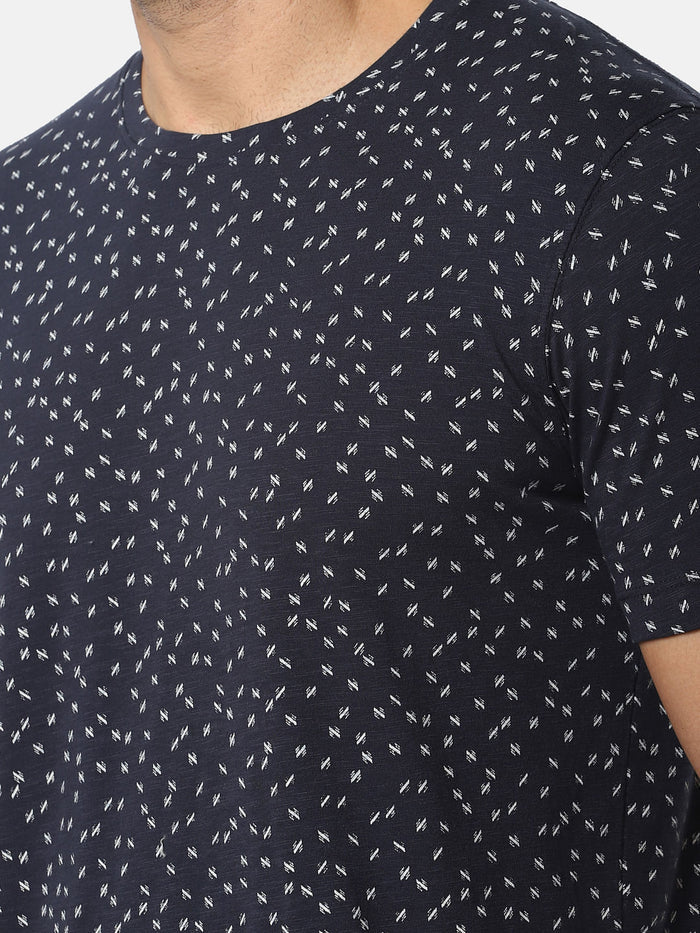 Navy Blue All Over Print Crew Neck T-Shirt