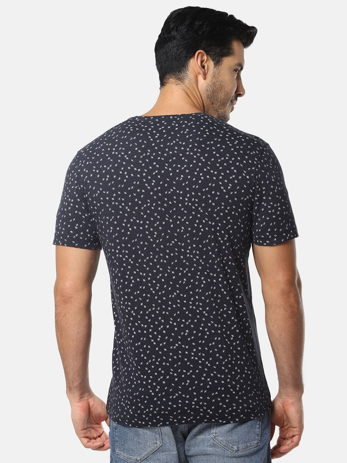 Navy Blue All Over Print Crew Neck T-Shirt
