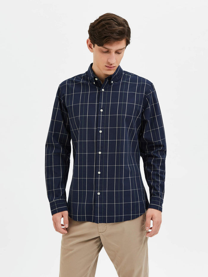Navy Blue Check Print Full Sleeves Shirt