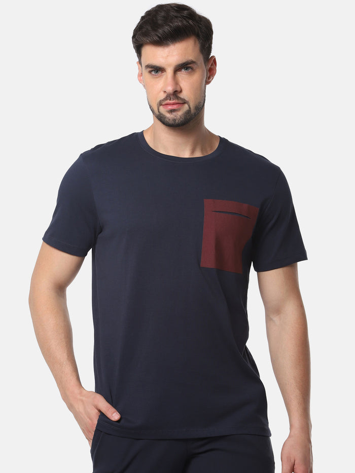 Navy Blue Colourblocked Crew Neck T-Shirt
