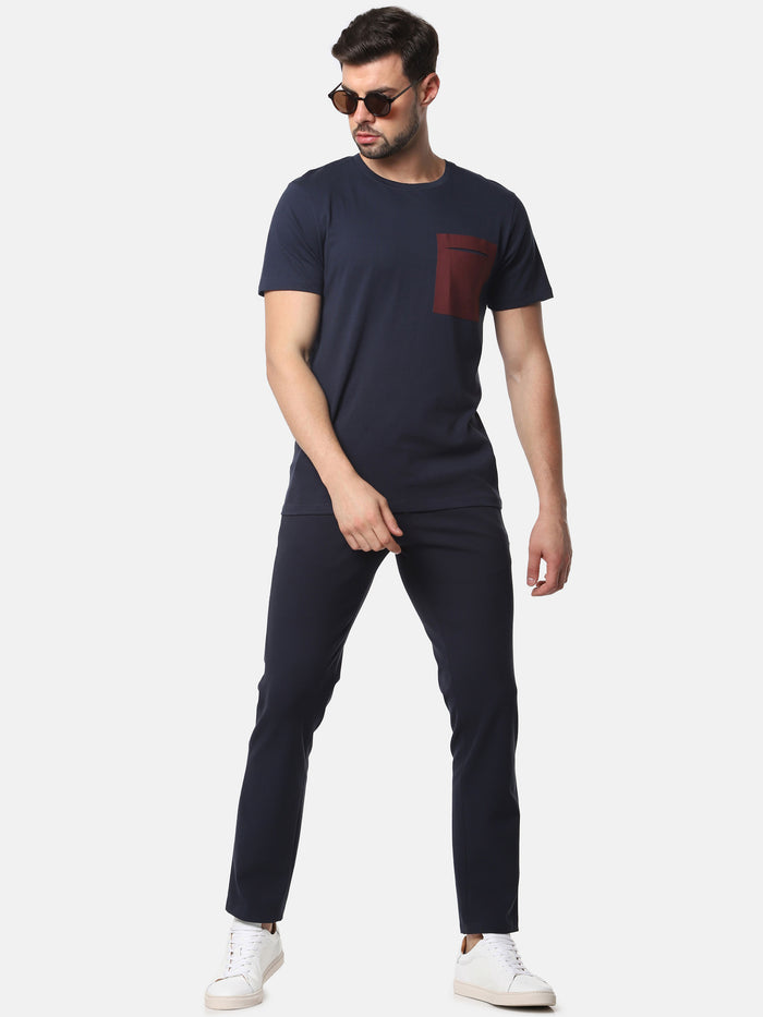 Navy Blue Colourblocked Crew Neck T-Shirt