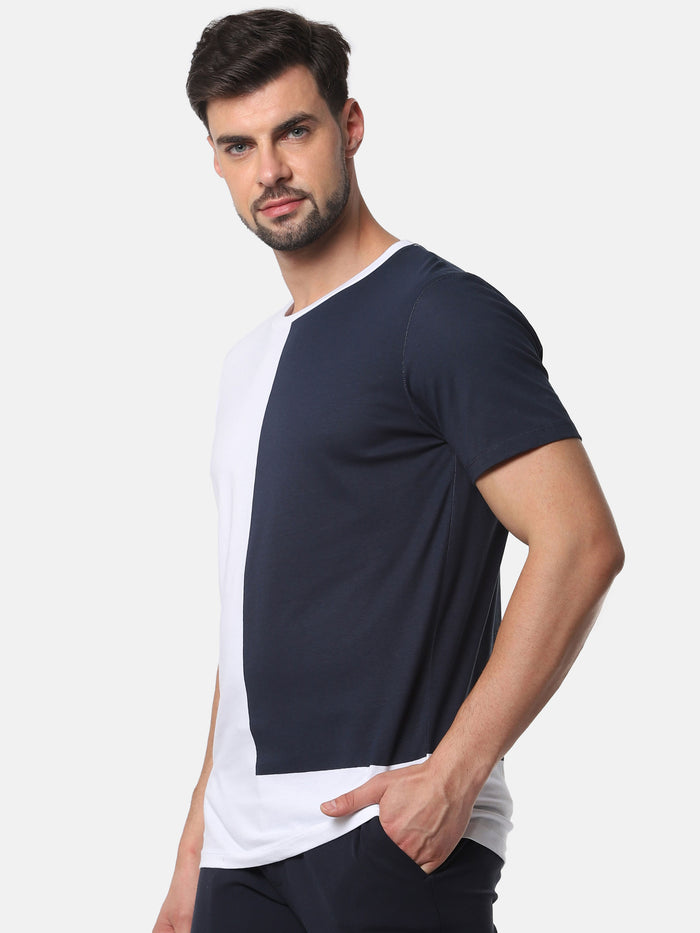 Navy Blue Colourblocked Crew Neck T-Shirt