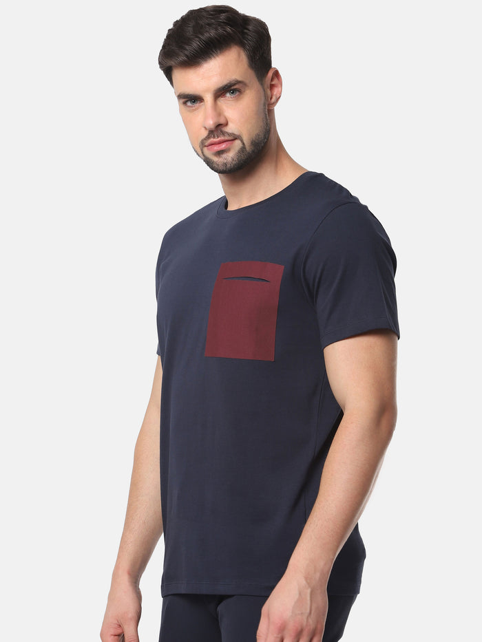 Navy Blue Colourblocked Crew Neck T-Shirt