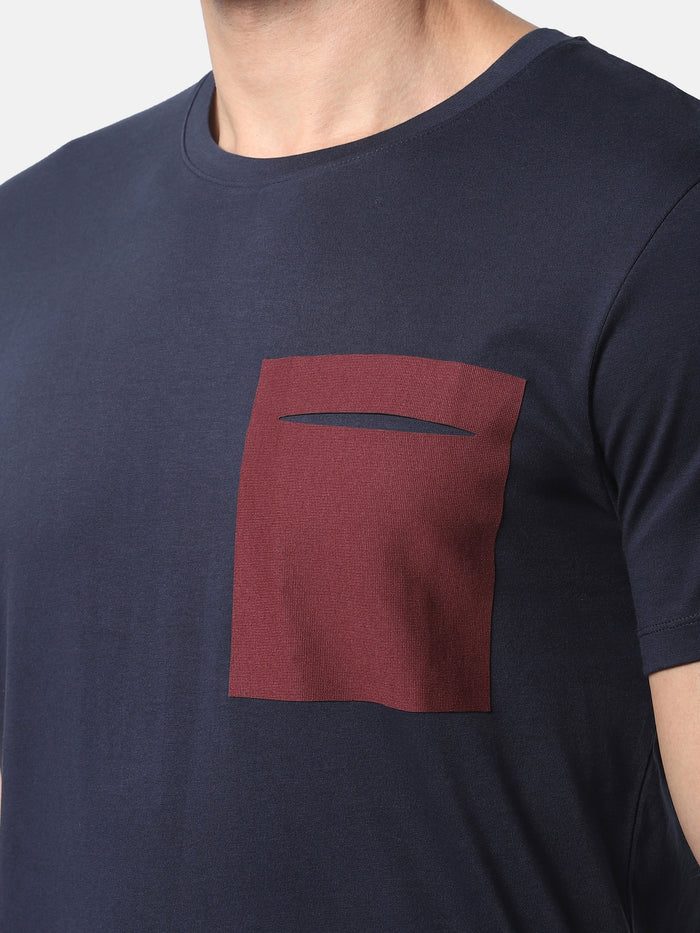 Navy Blue Colourblocked Crew Neck T-Shirt