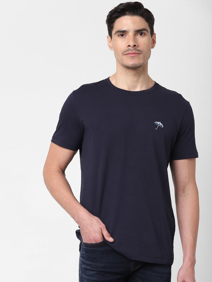 Navy Blue Umbrella Print Crew Neck T-Shirt