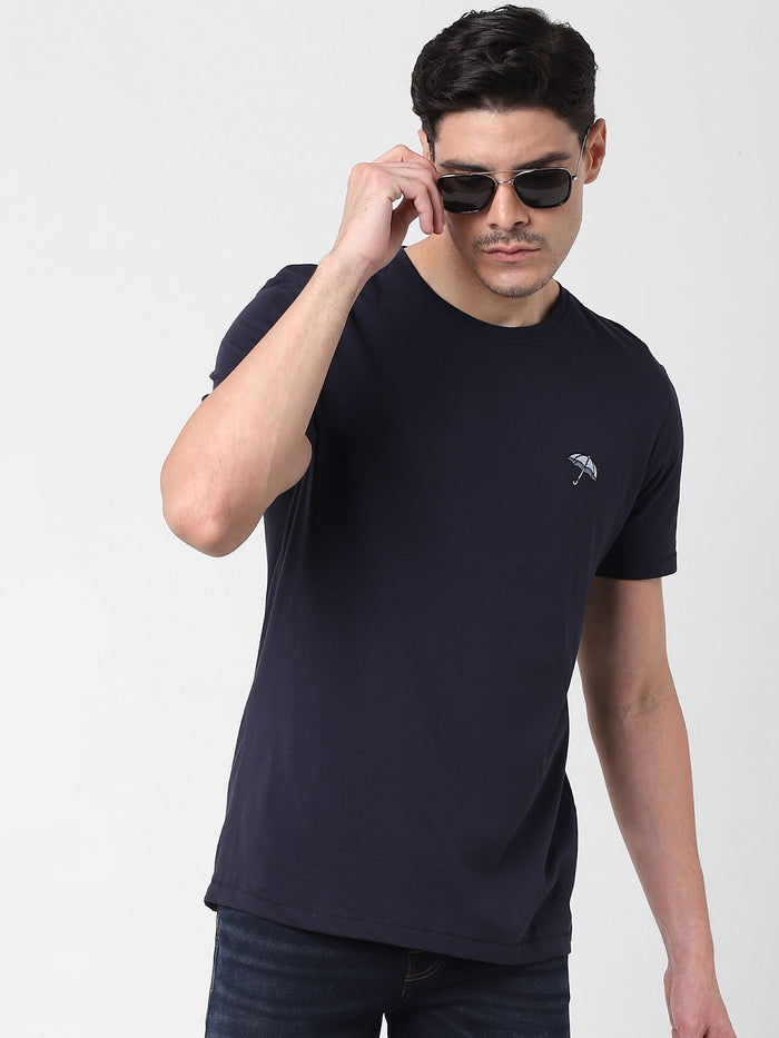 Navy Blue Umbrella Print Crew Neck T-Shirt