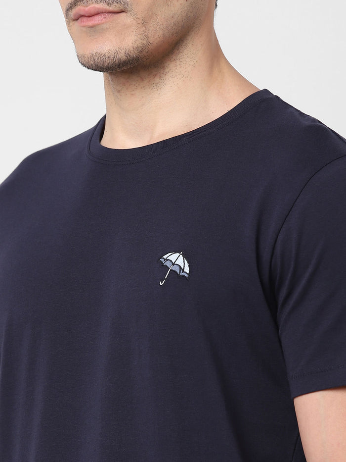 Navy Blue Umbrella Print Crew Neck T-Shirt