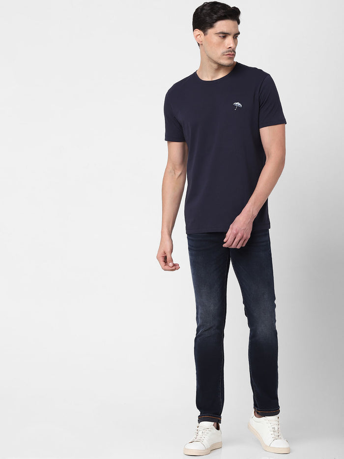 Navy Blue Umbrella Print Crew Neck T-Shirt