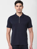Navy Blue Zip-Up Polo Neck T-Shirt