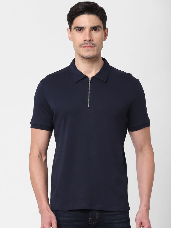 Navy Blue Zip-Up Polo Neck T-Shirt