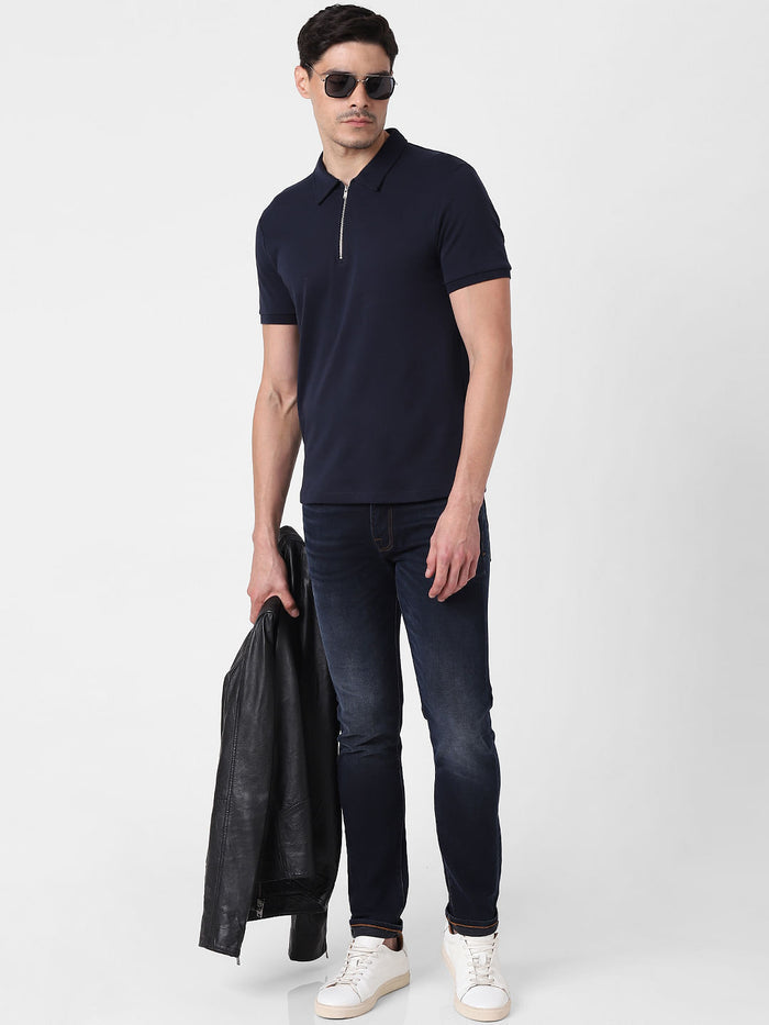 Navy Blue Zip-Up Polo Neck T-Shirt
