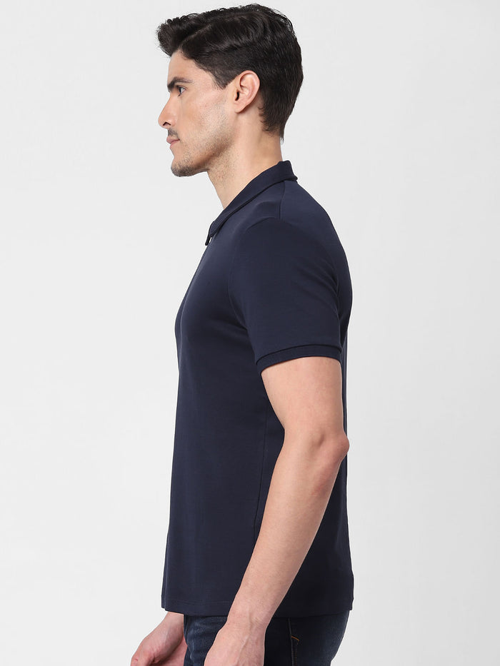 Navy Blue Zip-Up Polo Neck T-Shirt