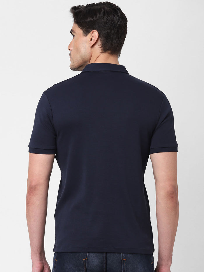 Navy Blue Zip-Up Polo Neck T-Shirt