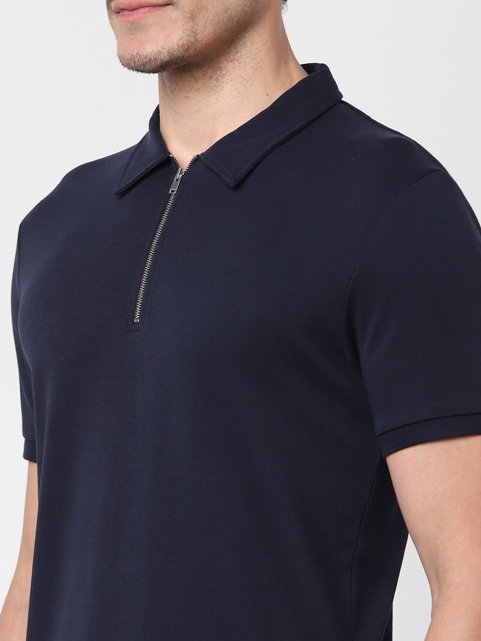 Navy Blue Zip-Up Polo Neck T-Shirt
