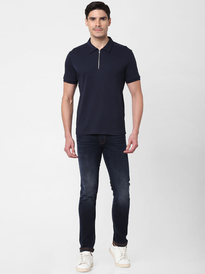 Navy Blue Zip-Up Polo Neck T-Shirt