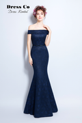 ชุดราตรีเปิดไหล่ทรงเมอร์เมดลูกไม้ | Navy Off-Shoulder Lace Mermaid Gown