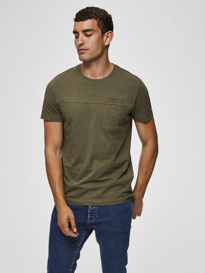 Olive Green Pocket Slim Fit Crew Neck T-Shirt