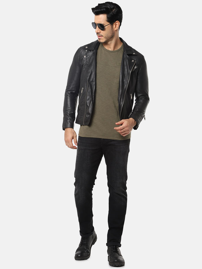 Olive Green Pocket Slim Fit Crew Neck T-Shirt