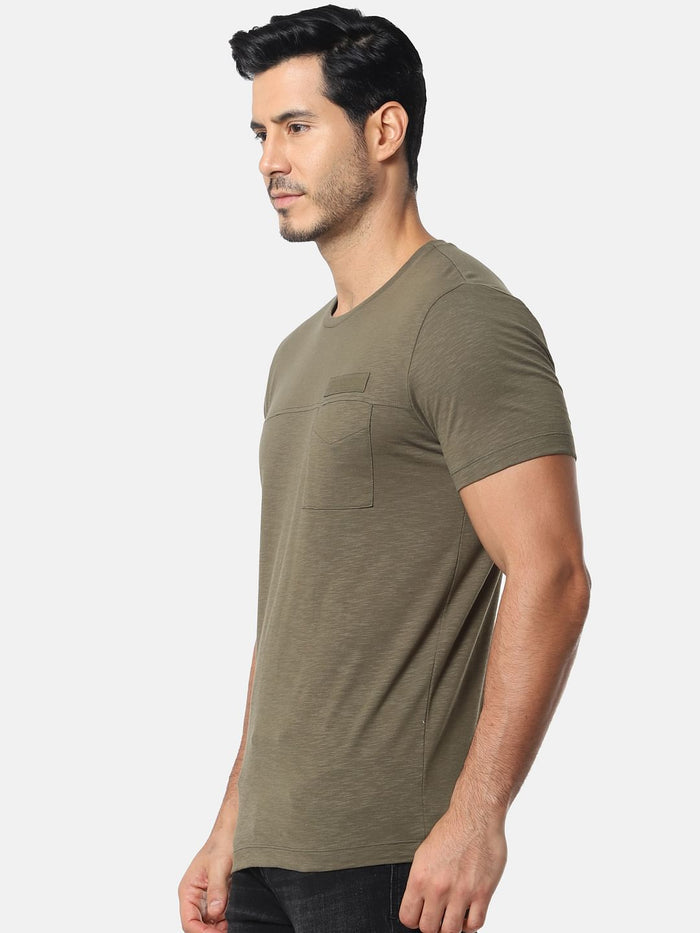 Olive Green Pocket Slim Fit Crew Neck T-Shirt