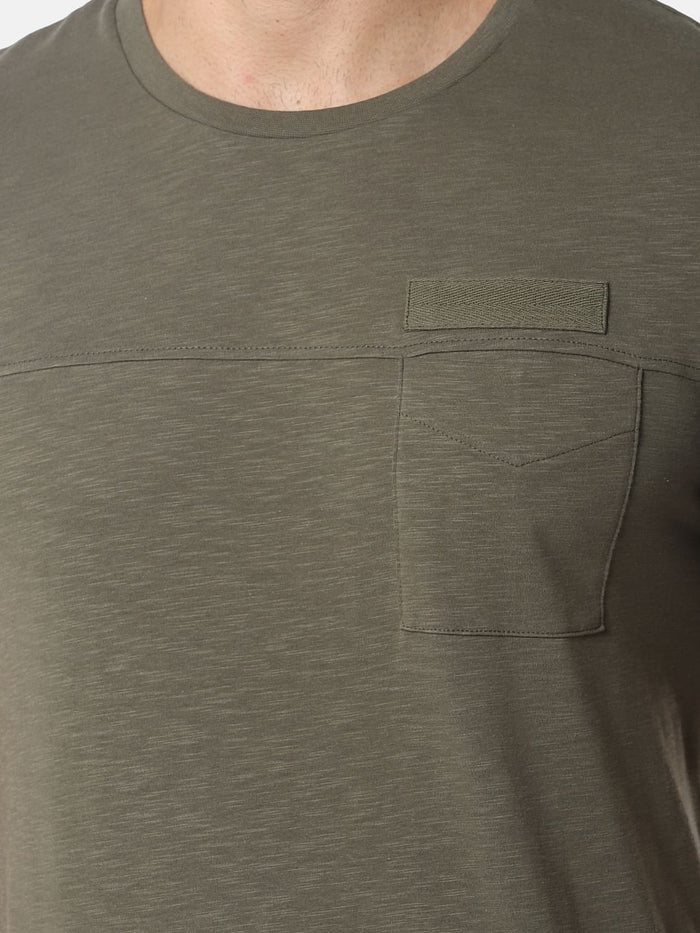 Olive Green Pocket Slim Fit Crew Neck T-Shirt