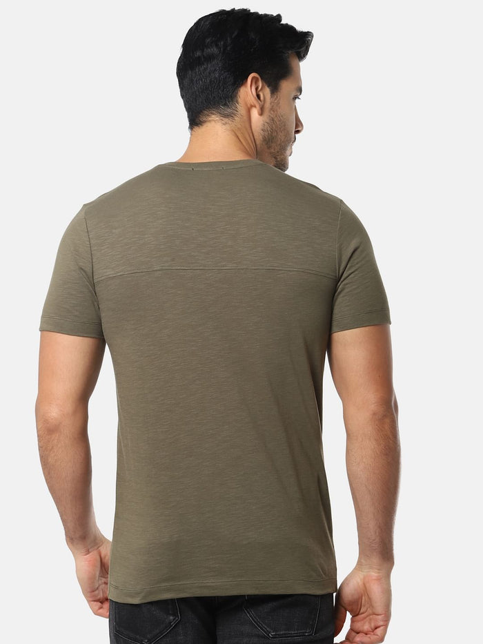 Olive Green Pocket Slim Fit Crew Neck T-Shirt