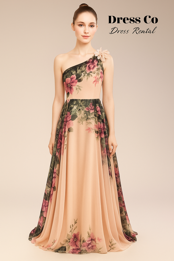 เดรสปาดไหล่ลายดอกกลีบดอกไม้ | One-Shoulder Floral Peach Dress
