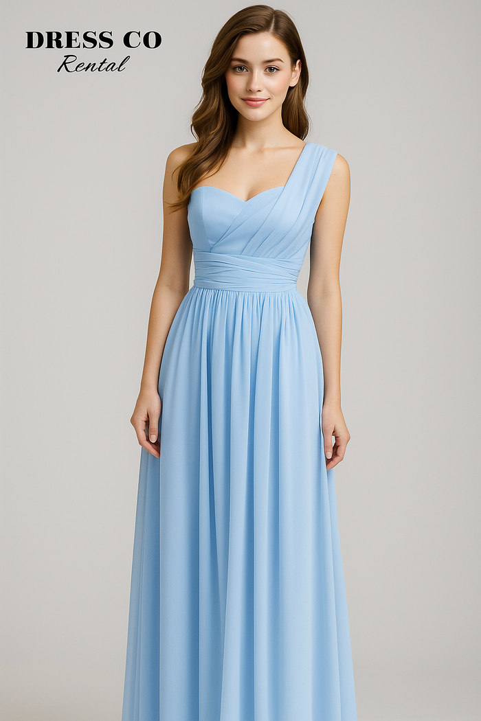 เดรสยาวไหล่เดียวสีฟ้าพาสเทล | One-Shoulder Pastel Blue Chiffon Dress