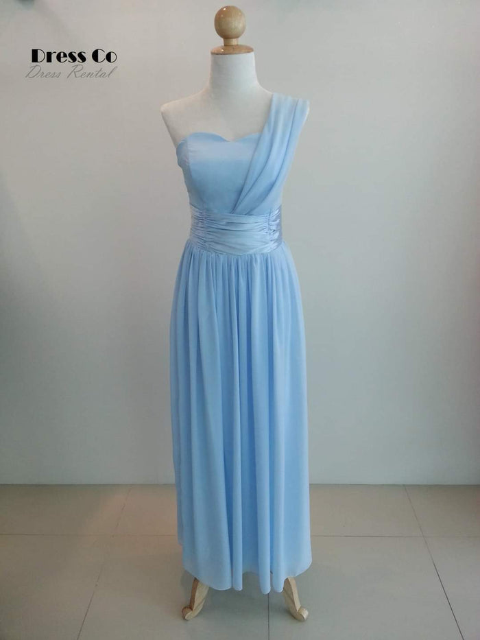 เดรสยาวไหล่เดียวสีฟ้าพาสเทล | One-Shoulder Pastel Blue Chiffon Dress