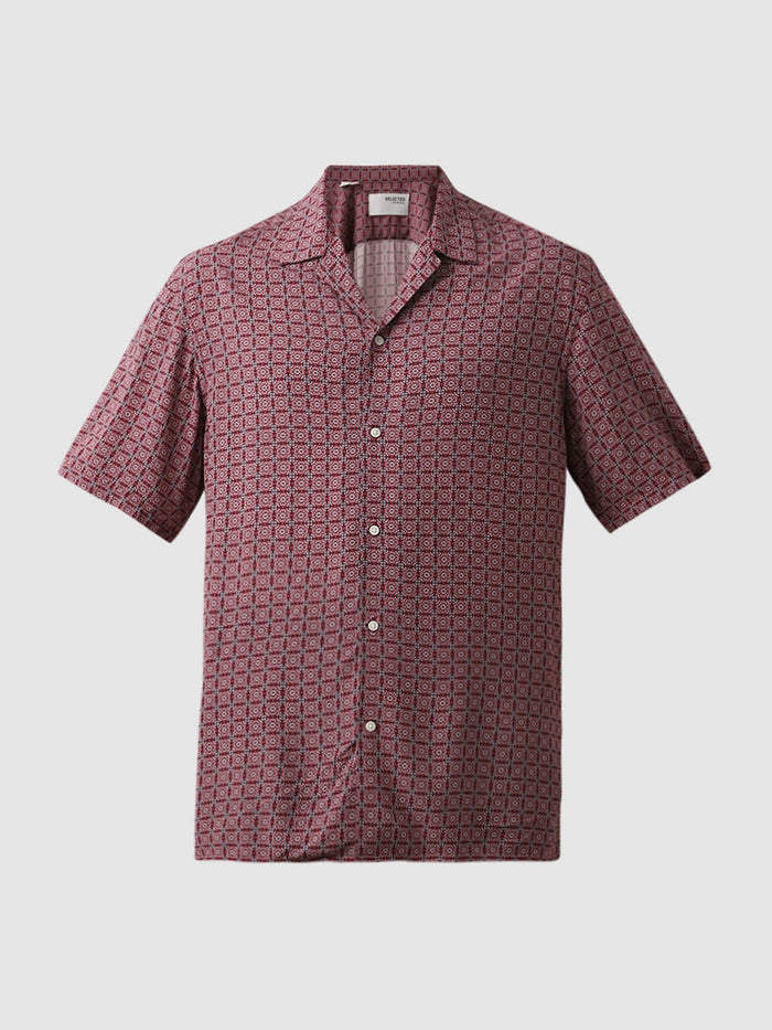 Pink Printed Cuban Collar Short Sleeves Shirt