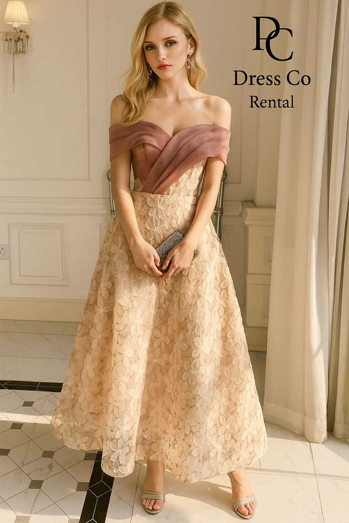 เดรสยาวลูกไม้สีครีมชมพู | Rose Lace Long Dress