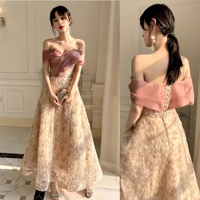 เดรสยาวลูกไม้สีครีมชมพู | Rose Lace Long Dress