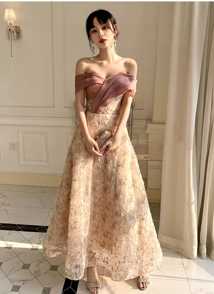 เดรสยาวลูกไม้สีครีมชมพู | Rose Lace Long Dress