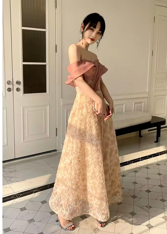 เดรสยาวลูกไม้สีครีมชมพู | Rose Lace Long Dress