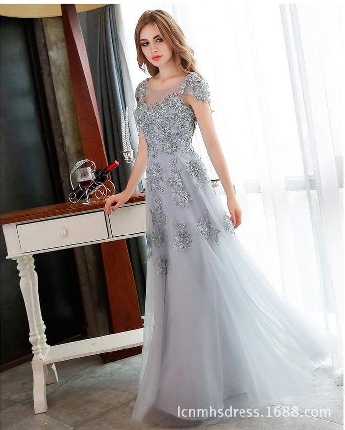 Silver Embroidered Floral Luxury Dress