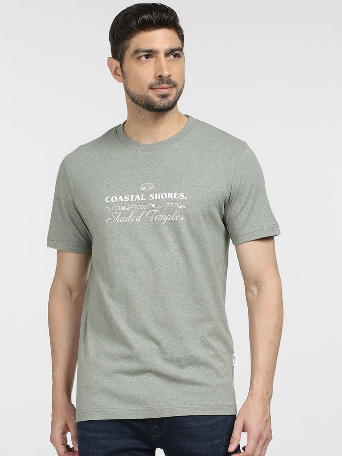 Taupe Text Print Crew Neck T-shirt