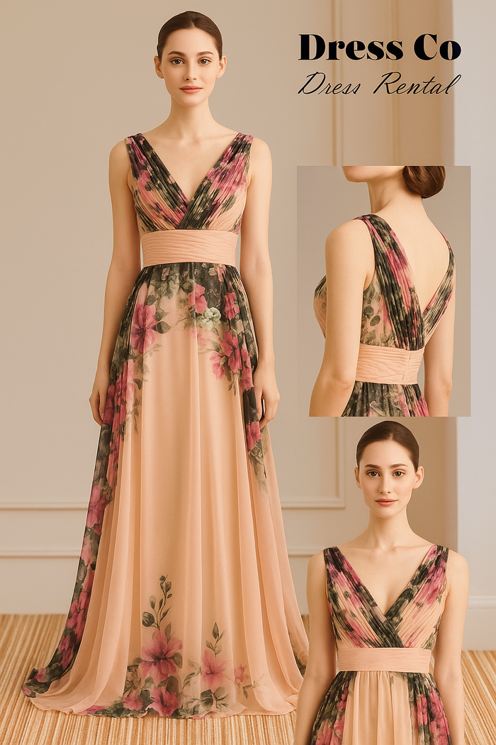 เดรสคอวีลายดอกไขว้หน้า | V-Neck Floral Cross-Front Gown