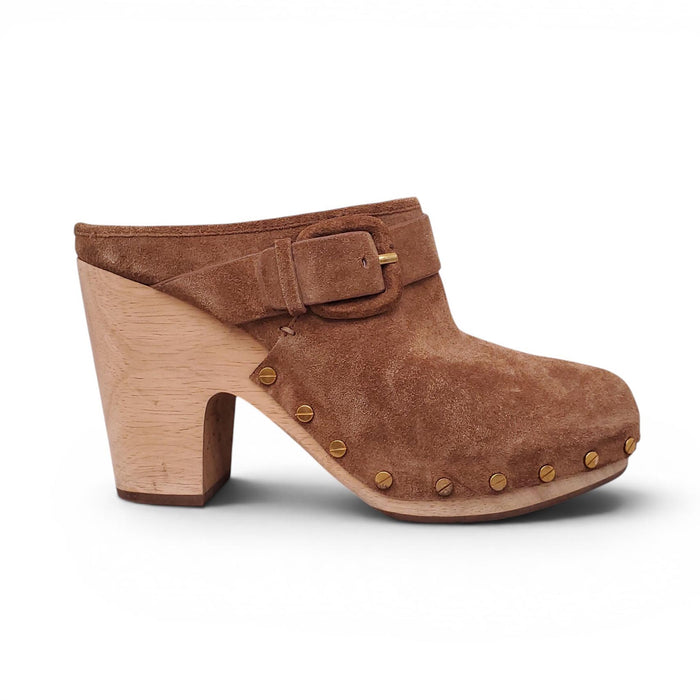 VERONICA BEARD BROWN SUEDE CLOGS WITH BUCKLE - SIZE 9