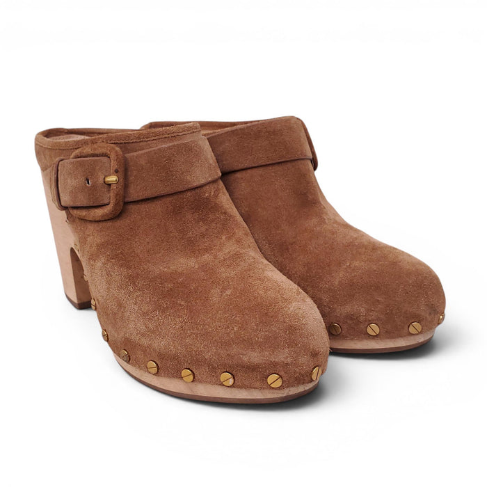 VERONICA BEARD BROWN SUEDE CLOGS WITH BUCKLE - SIZE 9
