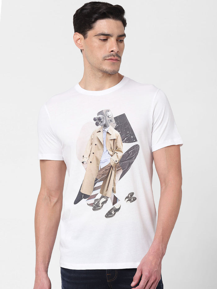 White Digital Print Crew Neck T-Shirt